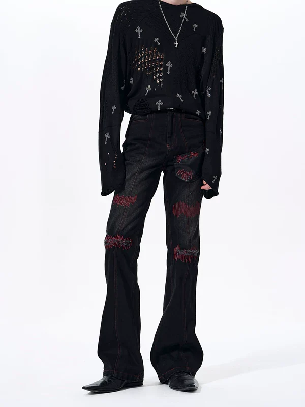 Flared Patchwork Straight Leg Jeans - Image 2