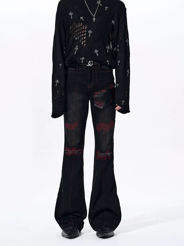 Flared Patchwork Straight Leg Jeans - Image 3