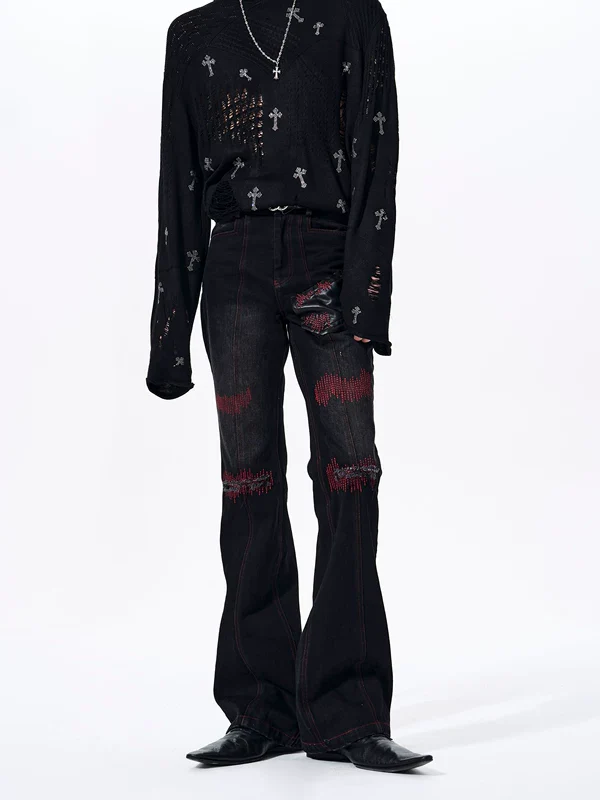 Flared Patchwork Straight Leg Jeans - Image 4