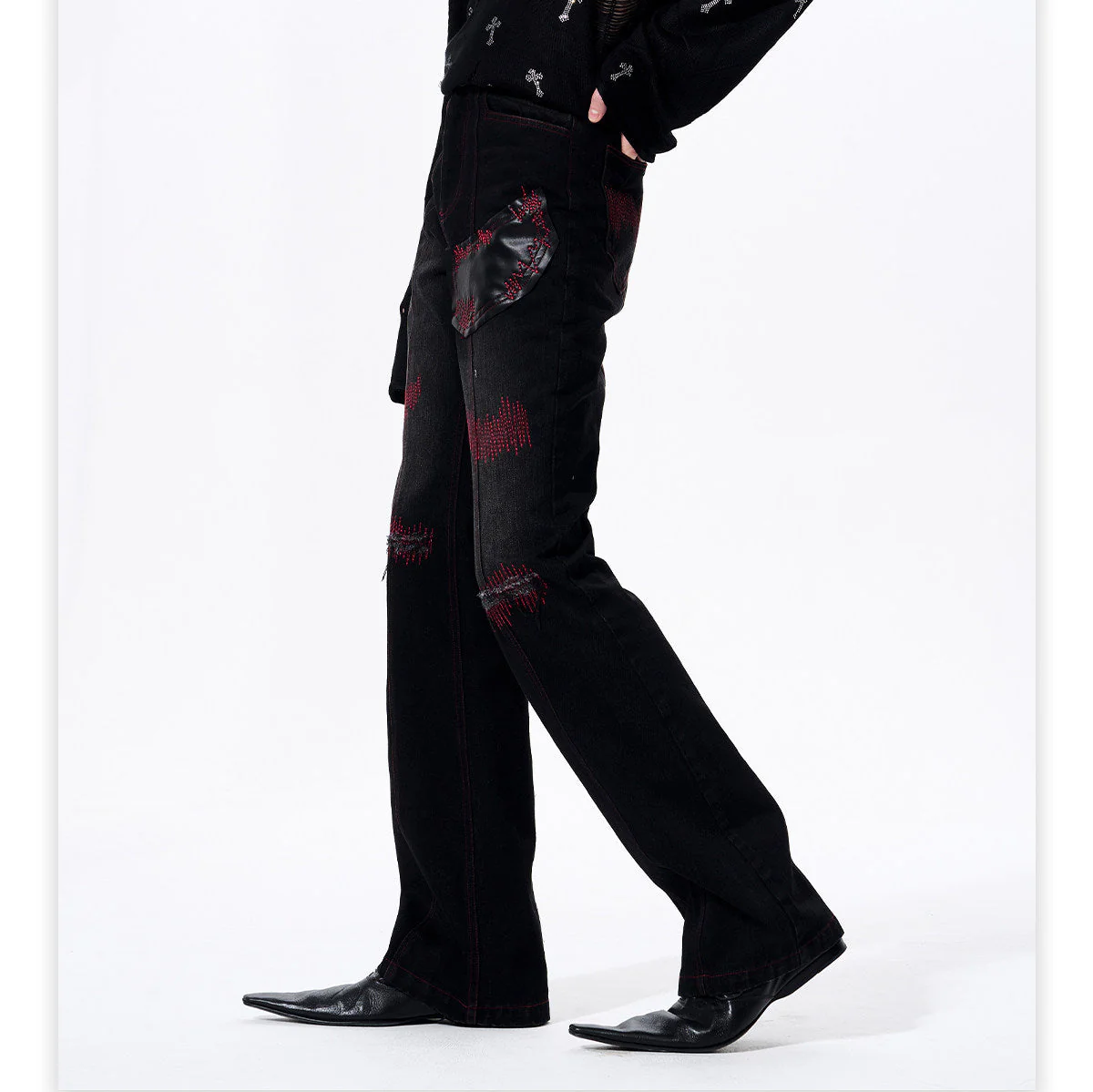 Flared Patchwork Straight Leg Jeans - Image 6