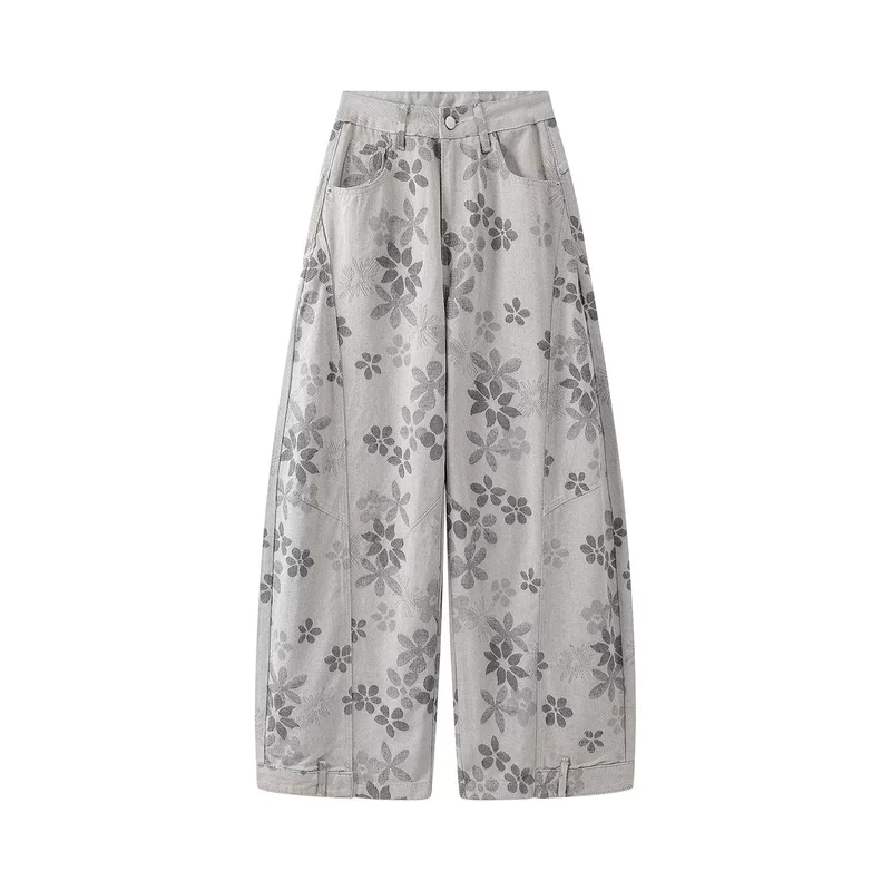 Floral Print Low-Waisted Denim Pants