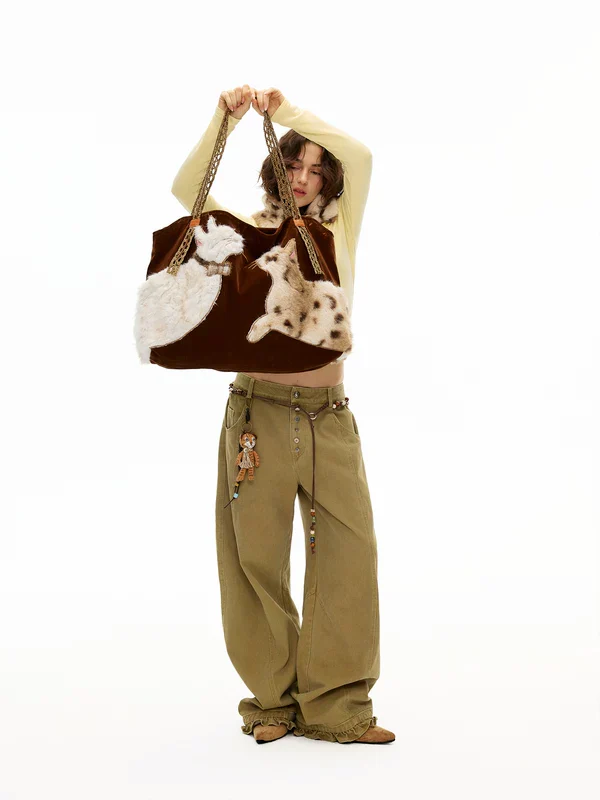 Fluffy Cat Embroidered Faux Fur Tote Bag - Image 4