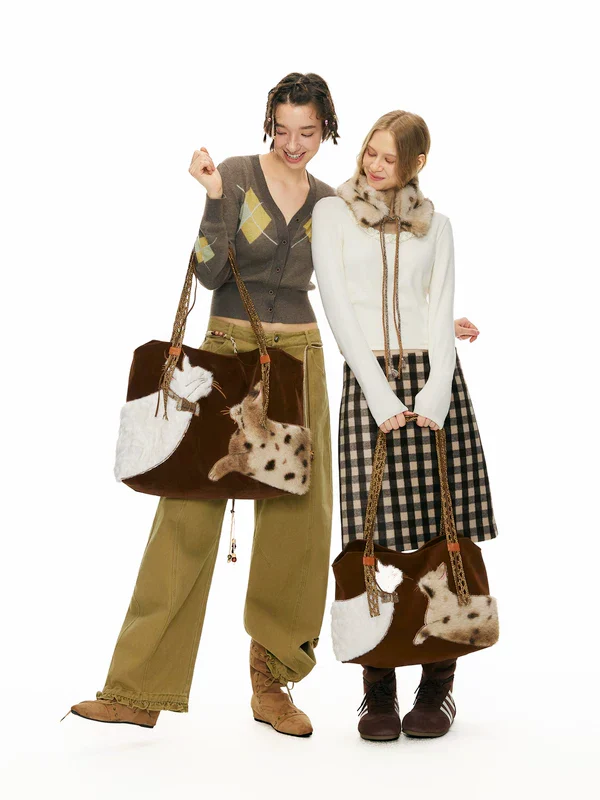 Fluffy Cat Embroidered Faux Fur Tote Bag - Image 5