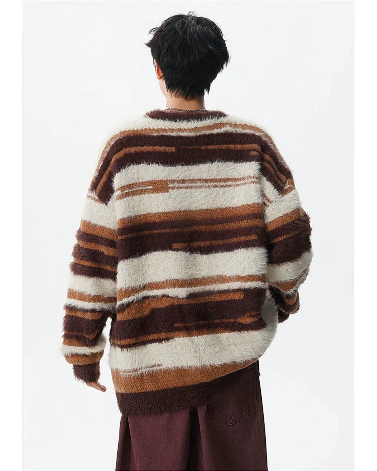Fuzzy Striped Crew Neck Knit Sweater - Image 5