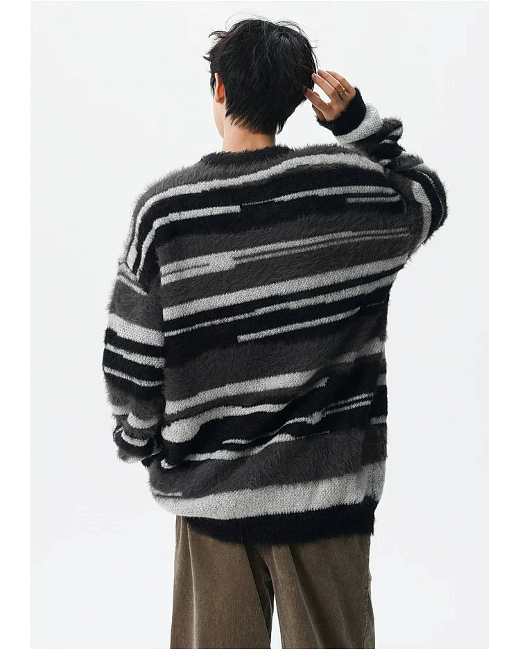 Fuzzy Striped Crew Neck Knit Sweater - Image 6