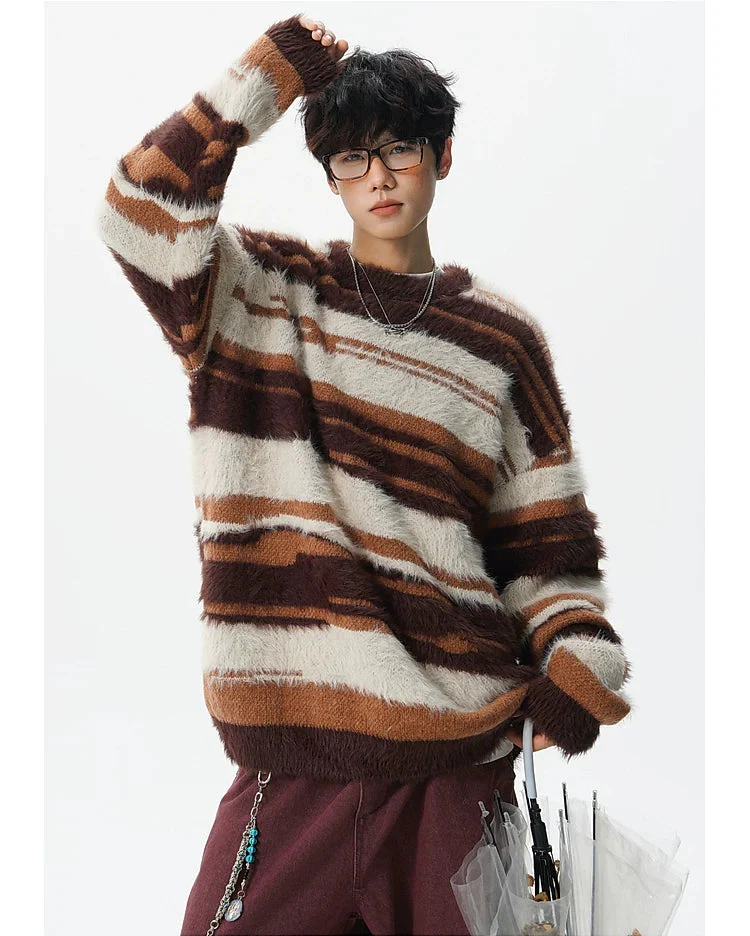 Fuzzy Striped Crew Neck Knit Sweater - Image 7