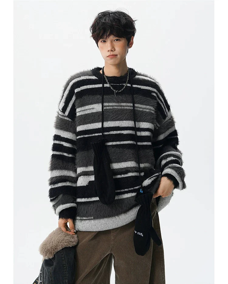 Fuzzy Striped Crew Neck Knit Sweater - Image 8