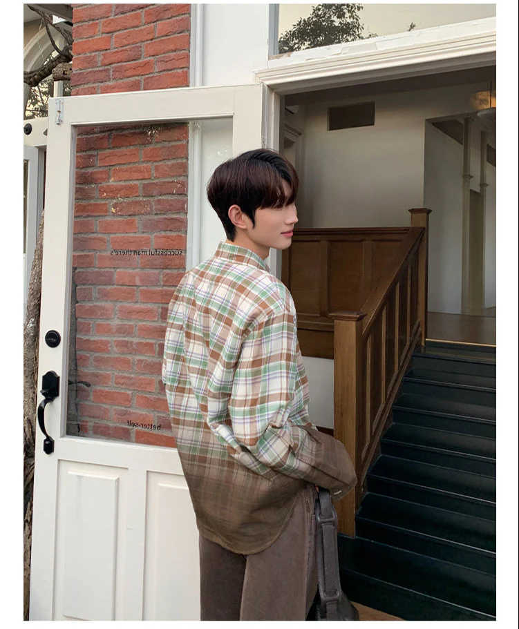 Gradient Color Long-Sleeve Plaid Shirt - Image 6