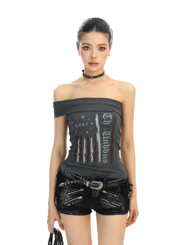 Graffiti Off-Shoulder Bandeau Tank Top