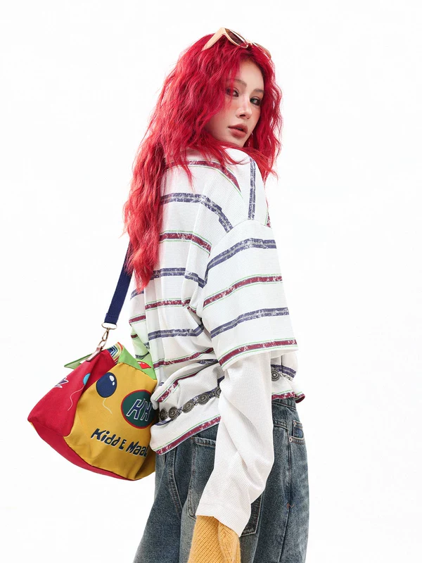 Graffiti Print Striped Long Sleeve Turtleneck - Image 4