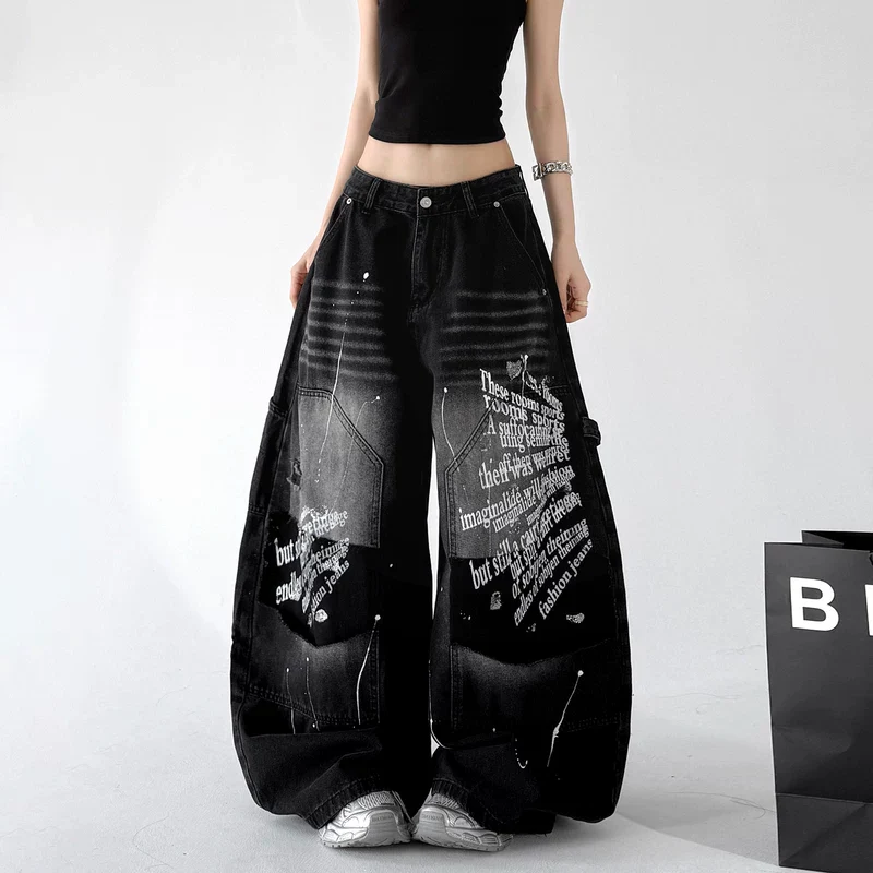 Graffiti Print Wide Leg Denim Pants