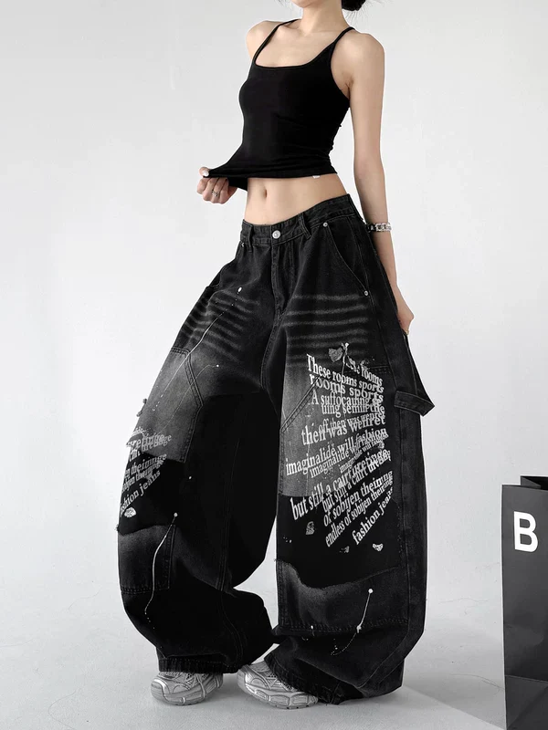 Graffiti Print Wide Leg Denim Pants - Image 2