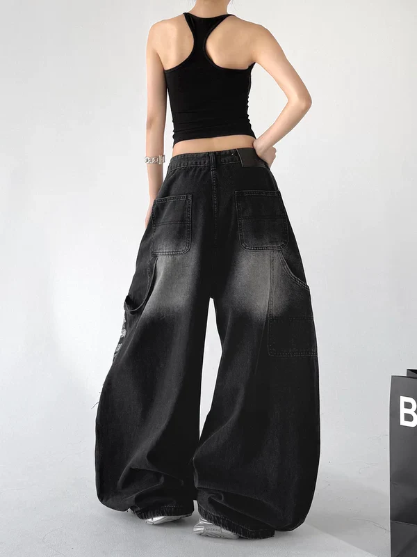 Graffiti Print Wide Leg Denim Pants - Image 3