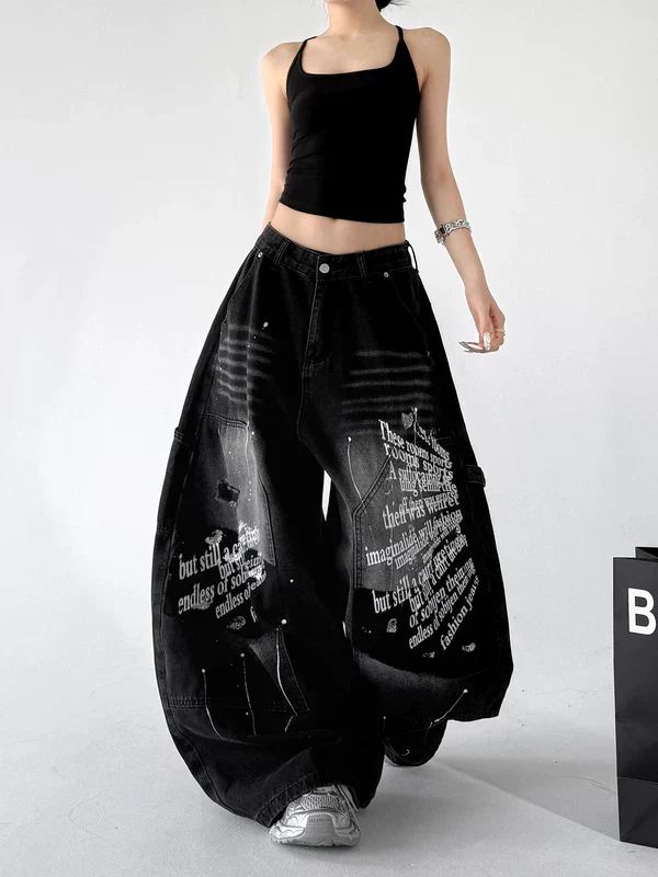 Graffiti Print Wide Leg Denim Pants - Image 4