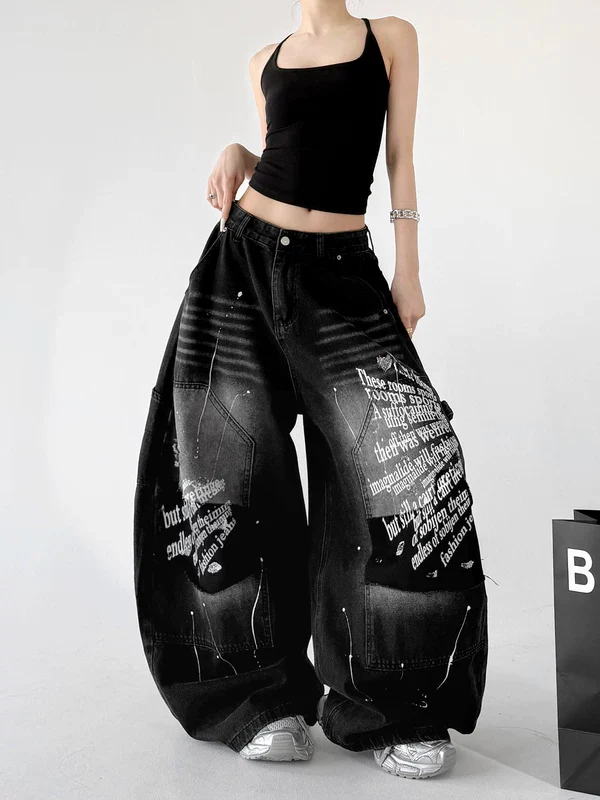 Graffiti Print Wide Leg Denim Pants - Image 5