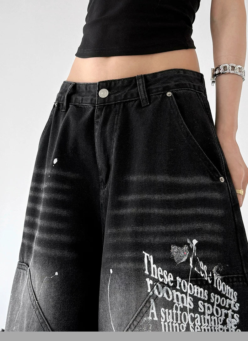 Graffiti Print Wide Leg Denim Pants - Image 6