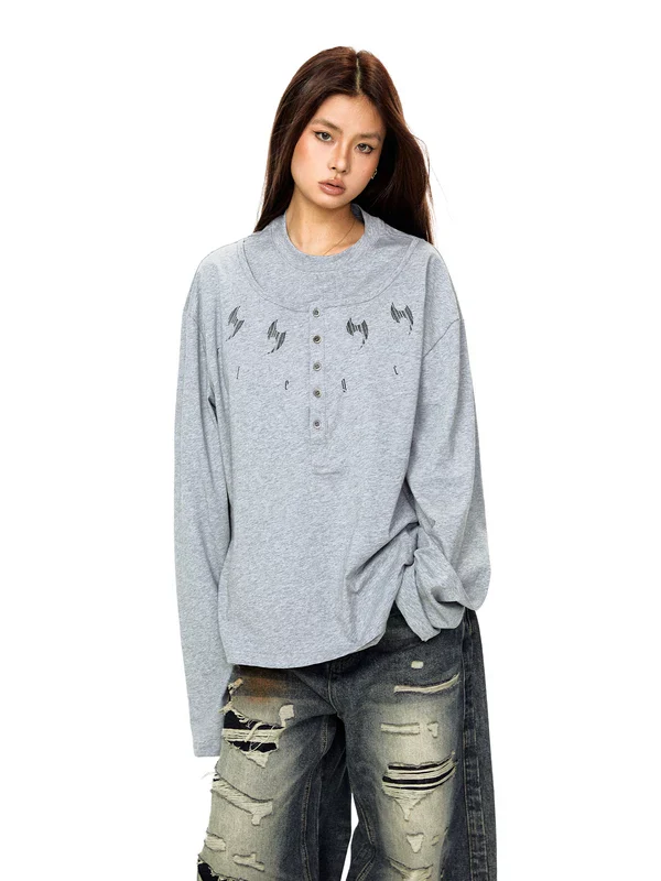 Graphic Henley Long Sleeve Casual T-Shirt - Image 3