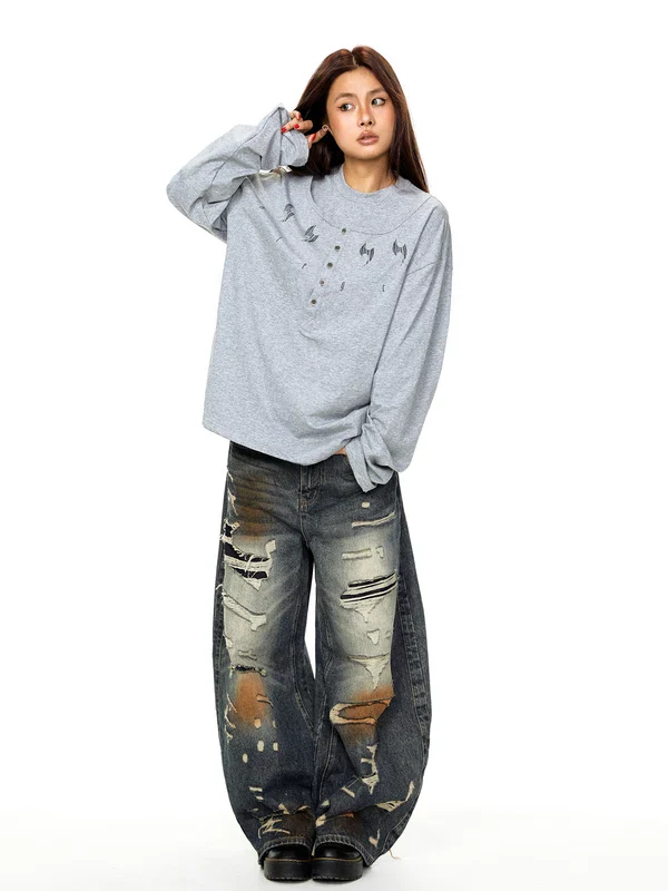 Graphic Henley Long Sleeve Casual T-Shirt - Image 6