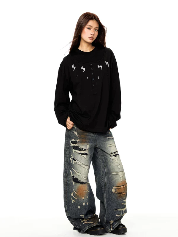Graphic Henley Long Sleeve Casual T-Shirt - Image 7