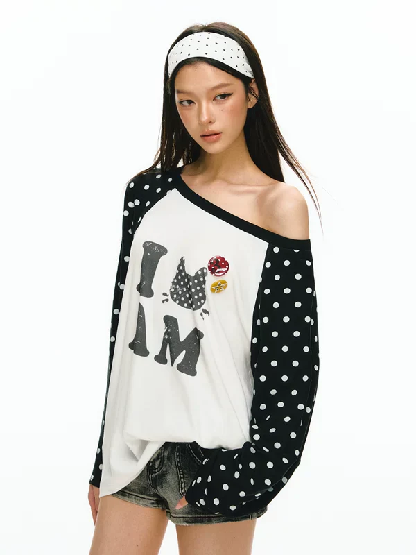 Graphic Polka Dot Raglan Long Sleeve Top - Image 3
