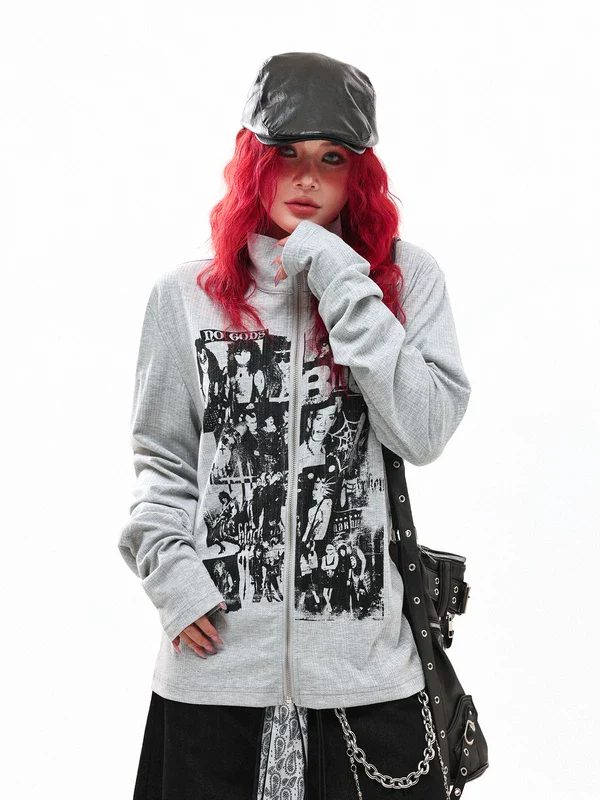Graphic Zip Front Long Sleeve Pullover - Image 2