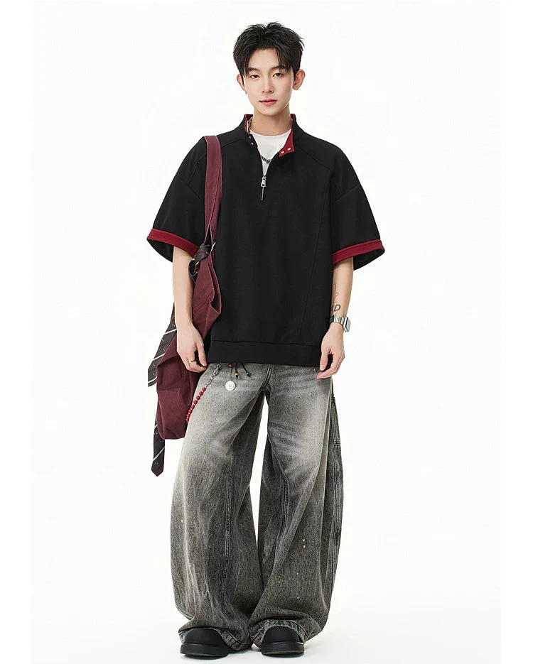 Half Zip Stand Collar Short Sleeve T-Shirt - Image 10