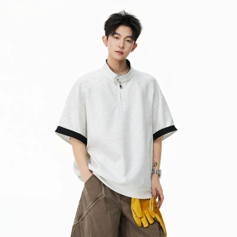Half Zip Stand Collar Short Sleeve T-Shirt - Image 3