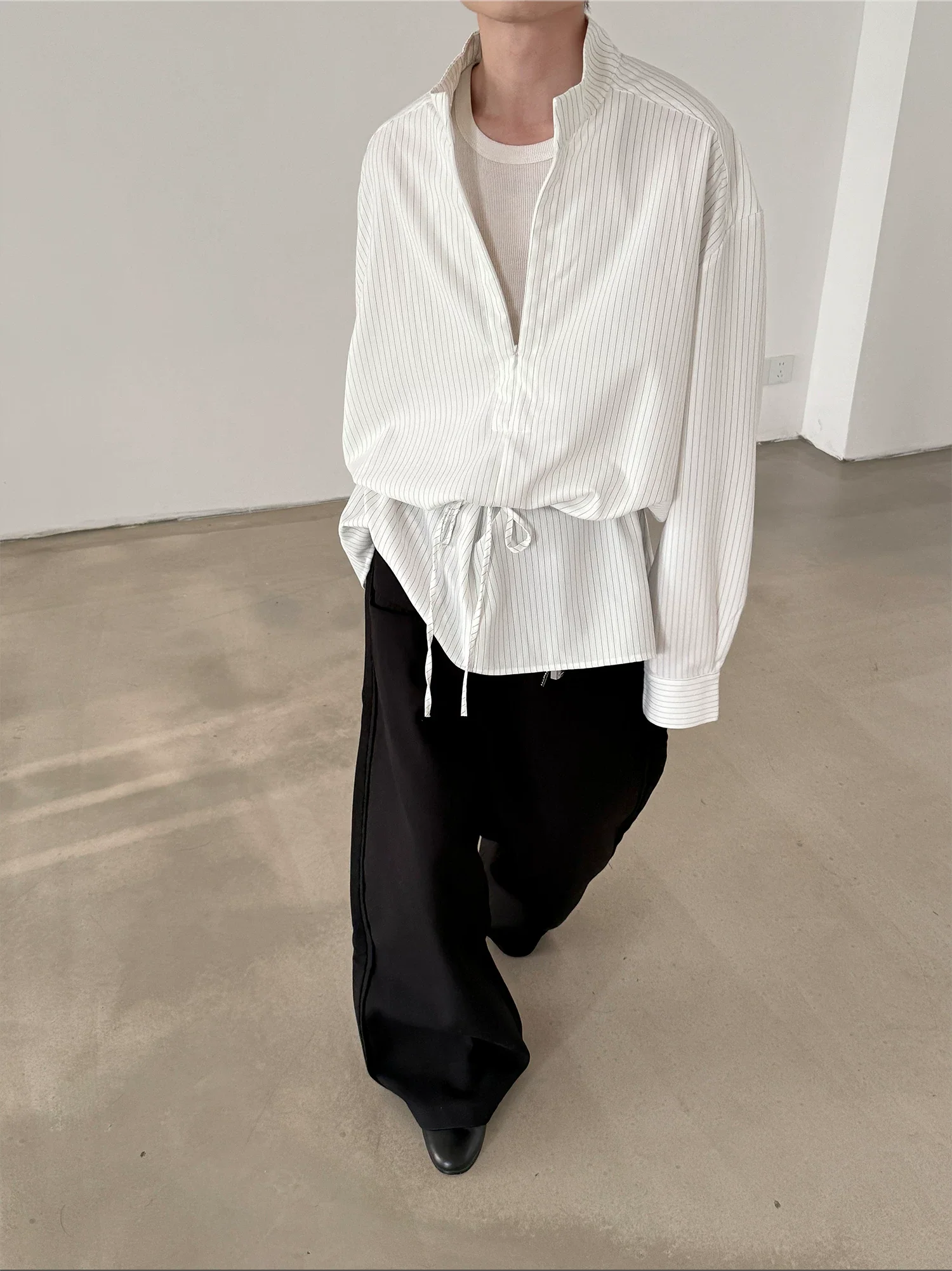 Half-Zip Stand Collar Striped Drawstring Shirt - Image 5