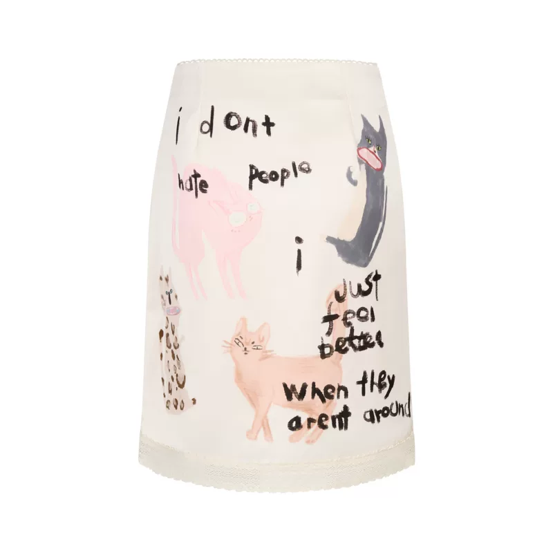Hand-Painted Cat Print Satin Mini Skirt - Image 10