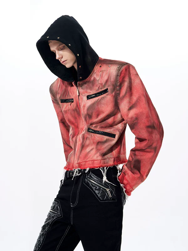 Hand-Painted Distressed Hooded Denim Jacket