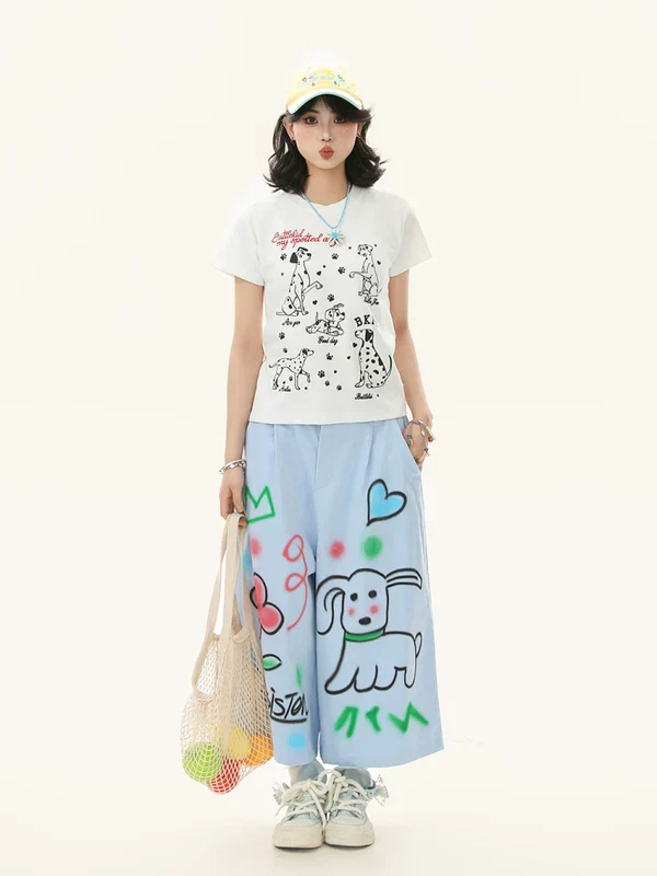 Hand-Painted Graphic Wide Leg Capri Pants - Image 4