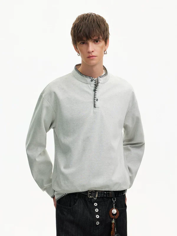 Hand-Stitched Henley Collar Long-Sleeve T-Shirt