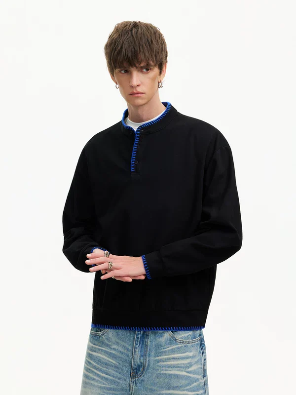 Hand-Stitched Henley Collar Long-Sleeve T-Shirt - Image 2