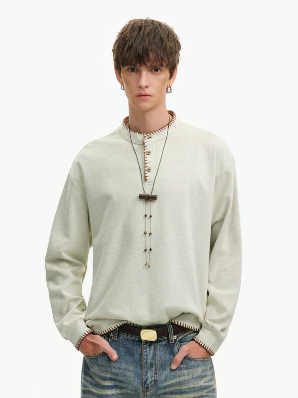 Hand-Stitched Henley Collar Long-Sleeve T-Shirt - Image 3