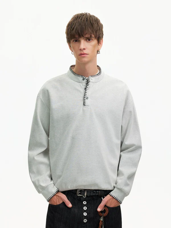 Hand-Stitched Henley Collar Long-Sleeve T-Shirt - Image 4