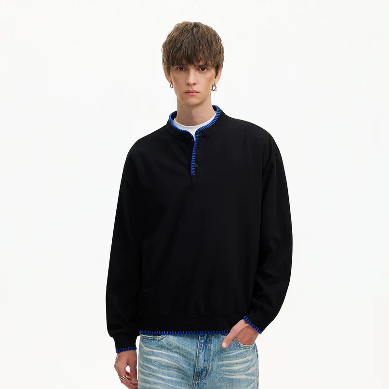 Hand-Stitched Henley Collar Long-Sleeve T-Shirt - Image 5