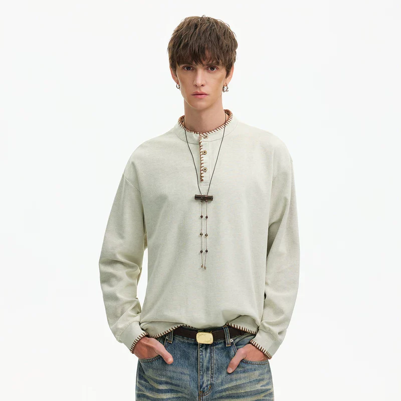 Hand-Stitched Henley Collar Long-Sleeve T-Shirt - Image 6