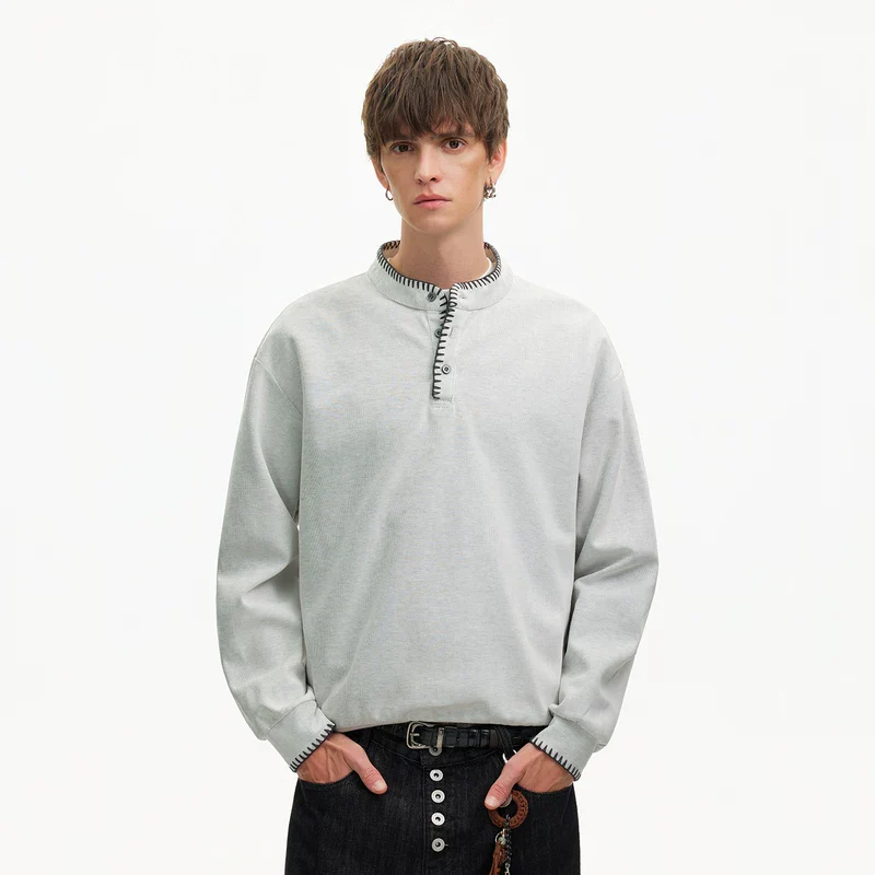 Hand-Stitched Henley Collar Long-Sleeve T-Shirt - Image 7