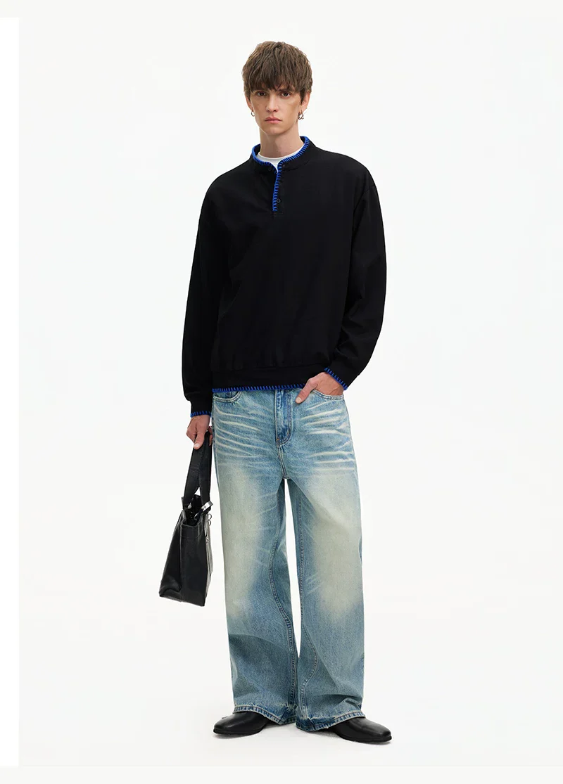 Hand-Stitched Henley Collar Long-Sleeve T-Shirt - Image 8