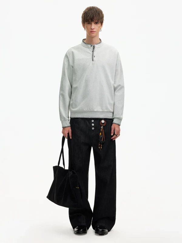 Hand-Stitched Henley Collar Long-Sleeve T-Shirt - Image 9