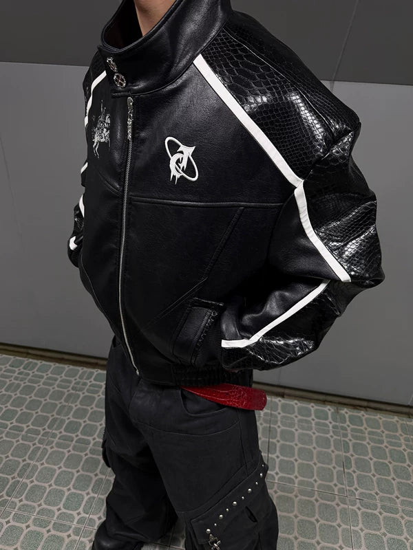 Embroidered Shield Leather Jacket - Image 3