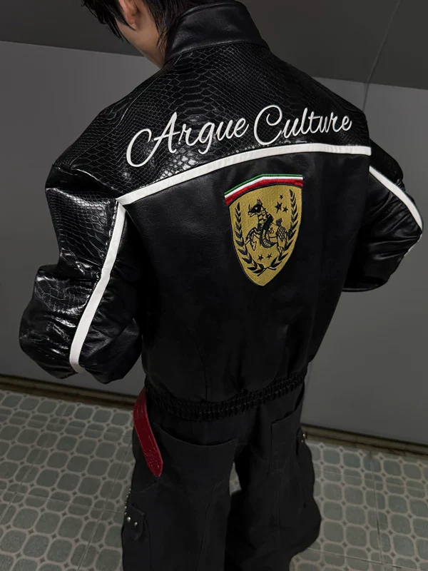 Embroidered Shield Leather Jacket - Image 4