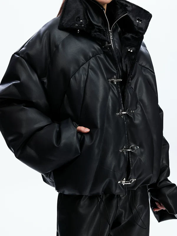 Faux Leather Buckle Puffer Jacket - Image 4