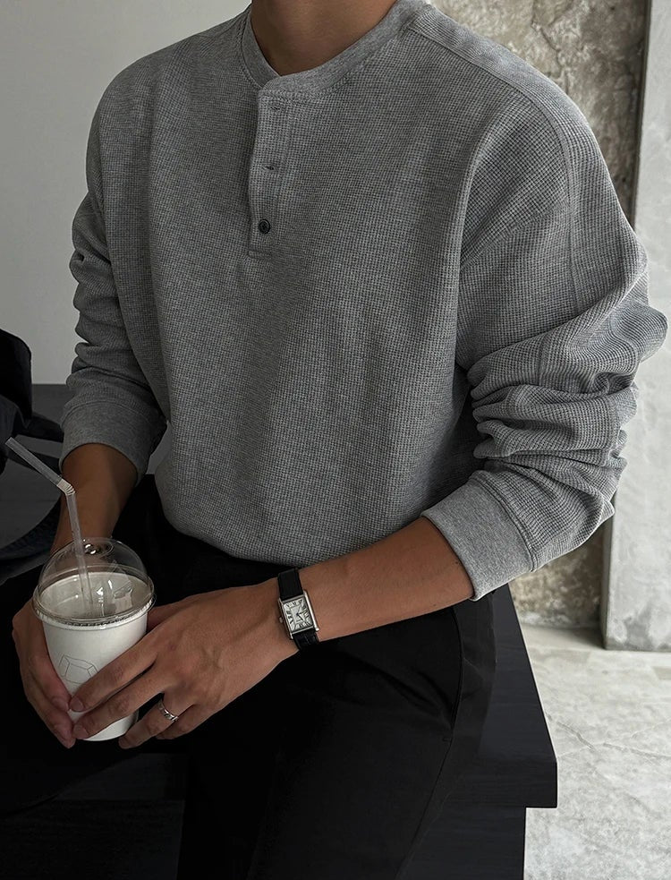 Henley Collar Long Sleeve Knit Pullover - Image 2