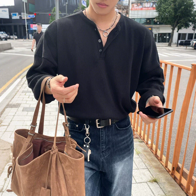 Henley Collar Long Sleeve Loose Fit T-Shirt