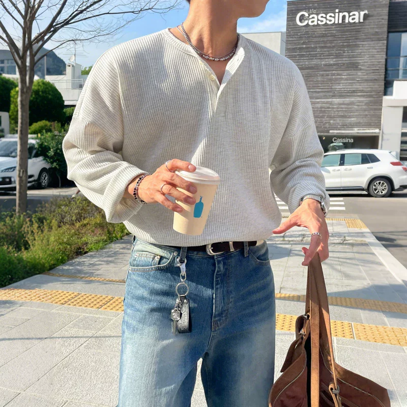 Henley Collar Long Sleeve Loose Fit T-Shirt - Image 5
