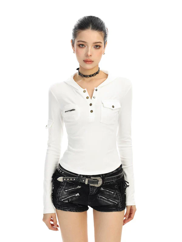Henley Hooded Long Sleeve Slim Top - Image 4
