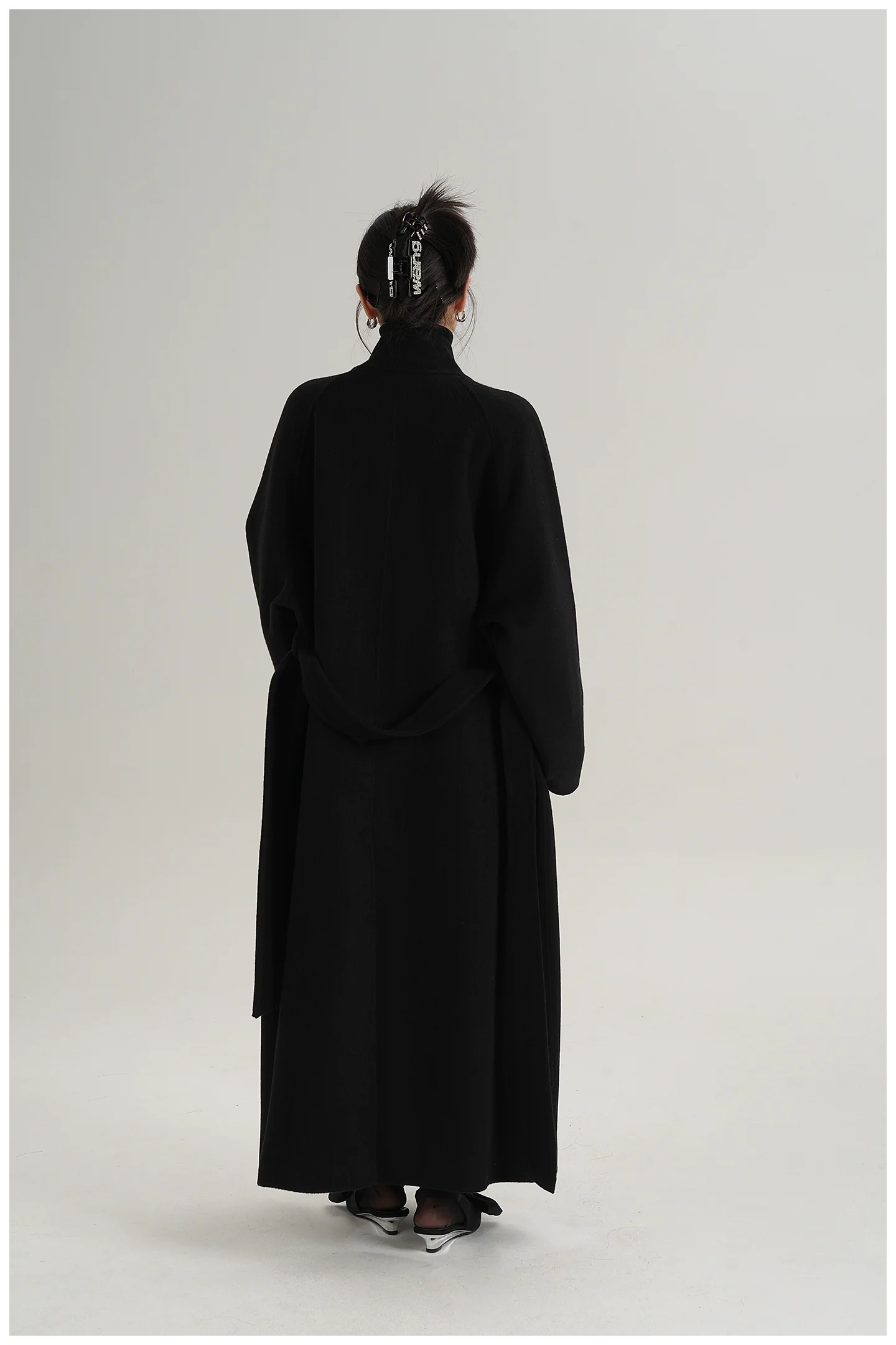High-Neck Belted Long Wool Coat - Image 11