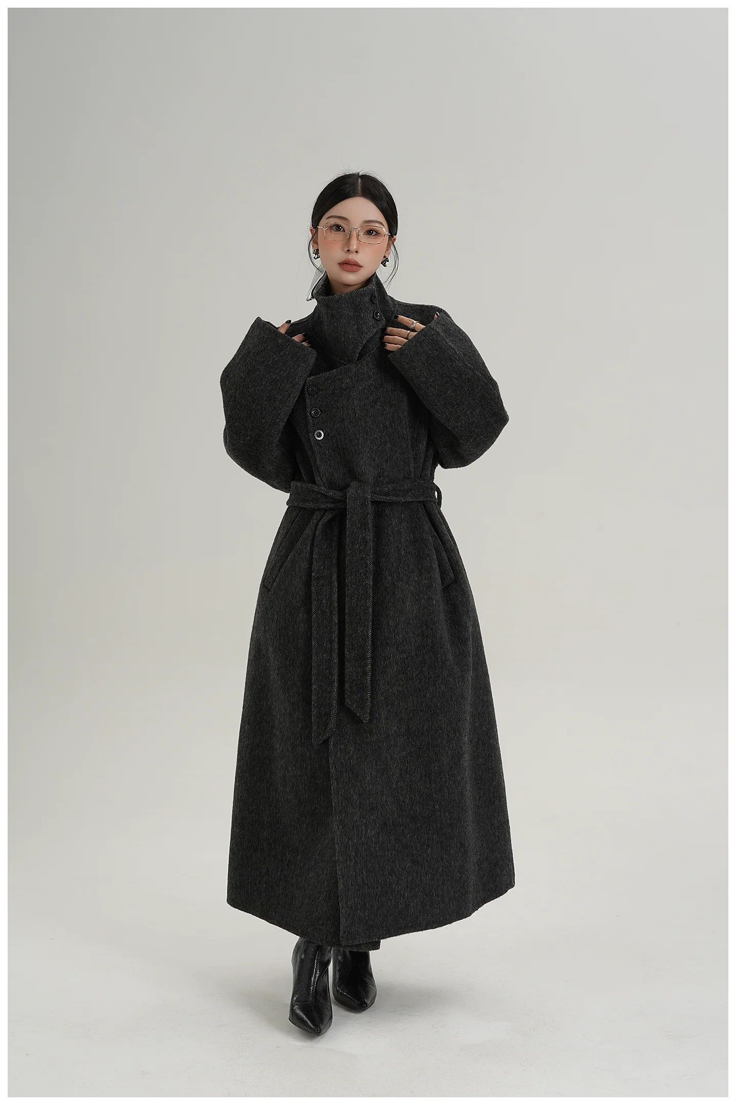 High-Neck Belted Long Wool Coat - Image 12