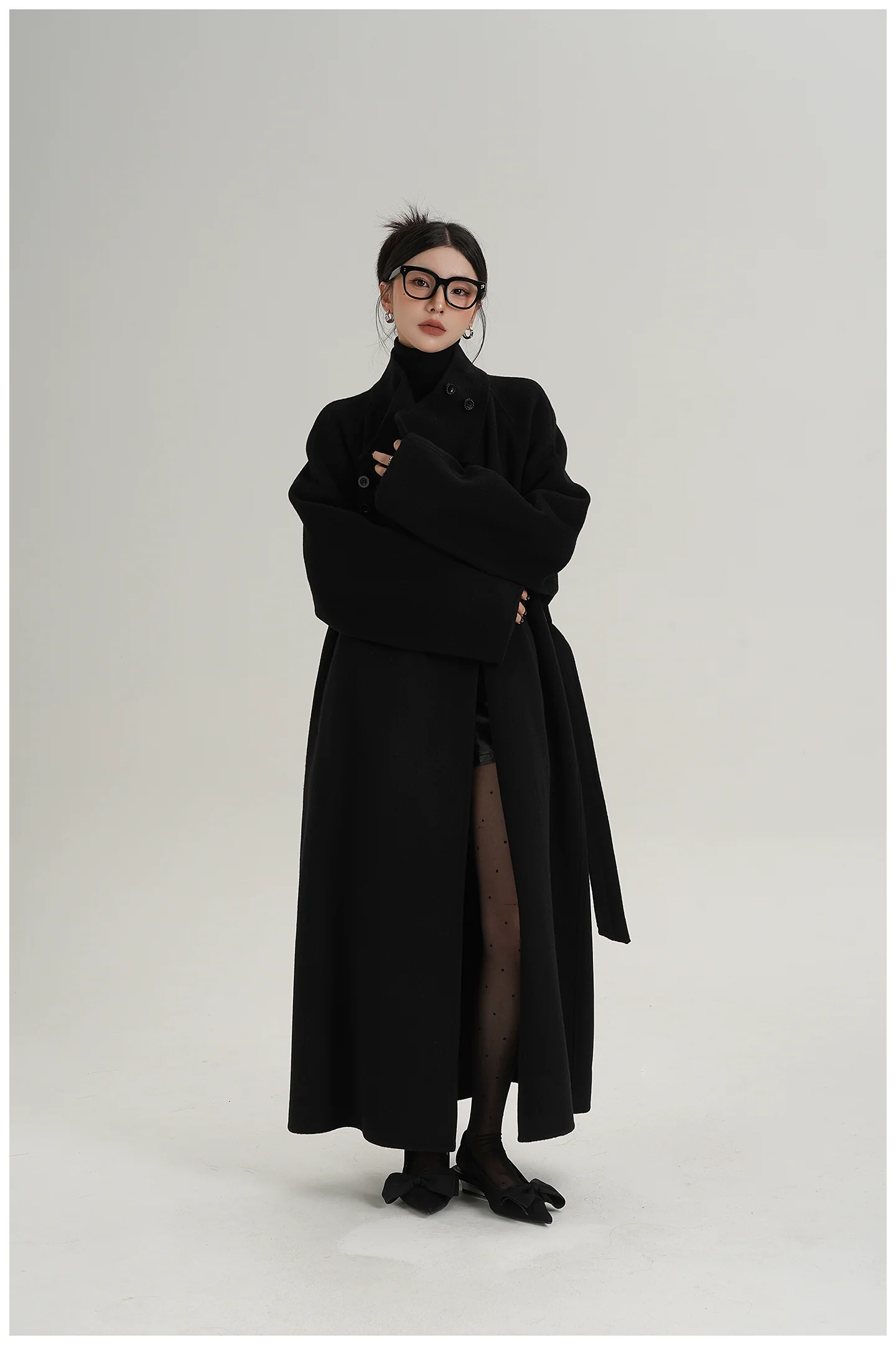 High-Neck Belted Long Wool Coat - Image 13